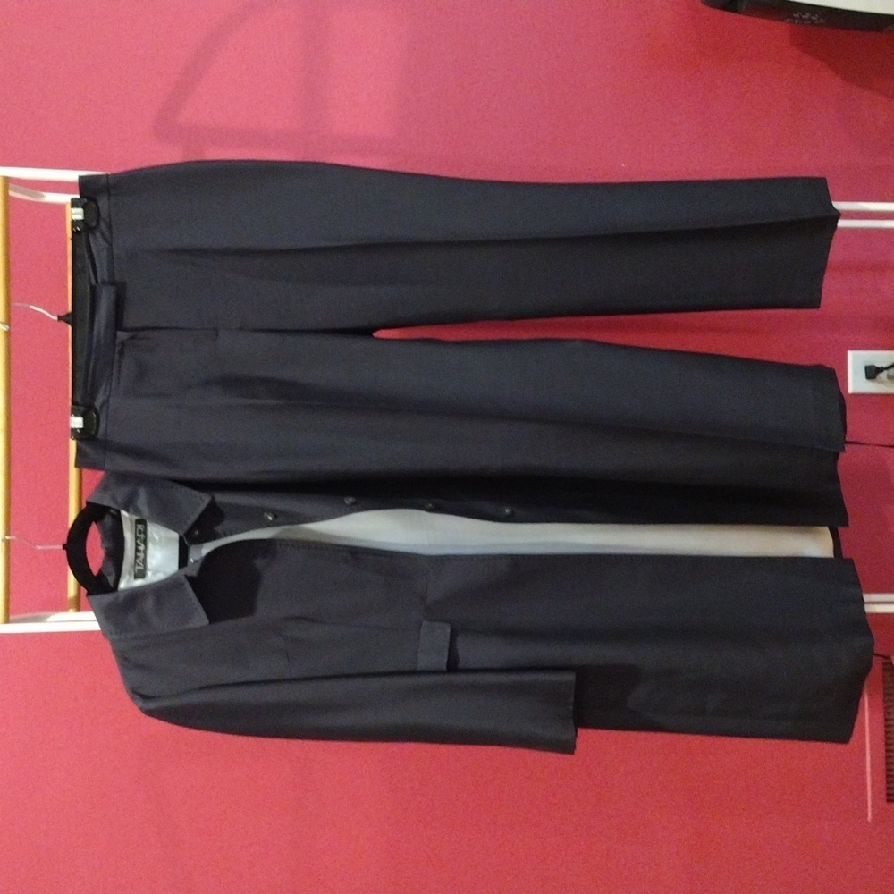Tahari 100% Silk Pant Suit Navy Blue Blazer & Trousers Set Size 10 Luxury
